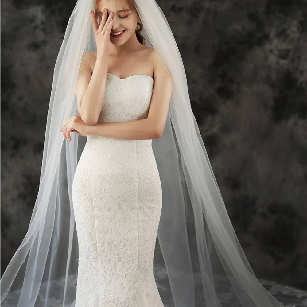 Elegant Long Bridal Veil with Lace Appliqué